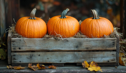 Three pumpkins are sitting in a wooden crate with some leaves on the ground