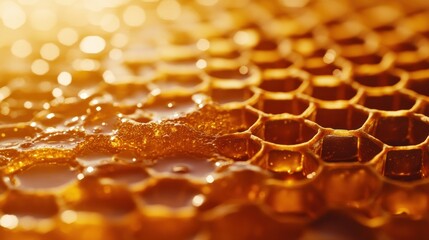 Poster - Close-up of honeycomb with golden honey, showcasing natural sweetness and texture.