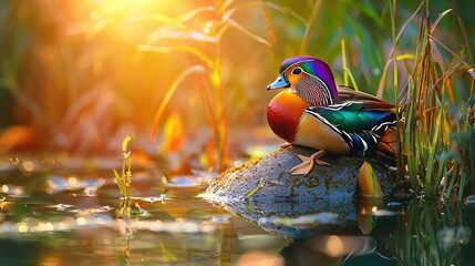 Poster -   A colorful bird perched atop a rock amidst a lush body of water and towering grasses