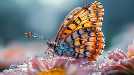 Sticker -   A photo of a butterfly on a flower with water droplets on its wings and a blurred background