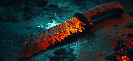 A close-up shot of a serrated knife with a wooden handle lying on a dark, textured surface.