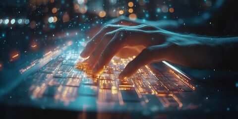 Closeup of hands typing on a keyboard with digital technology hologram screen, software development concept. Coding programmer, software enginee