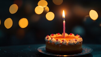 A birthday cake with a lit candle, surrounded by soft, glowing lights.