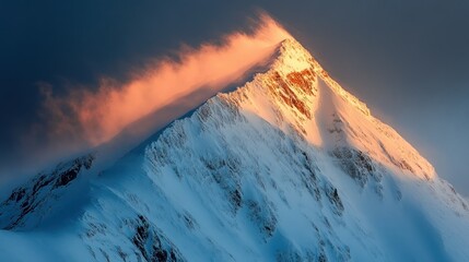 Wall Mural - Snow-capped mountain peak illuminated by sunset, showcasing natural beauty and majesty.