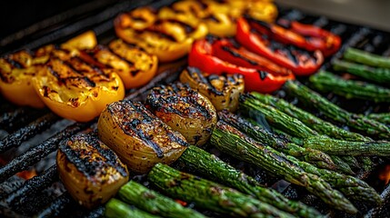 Wall Mural -   Asparagus, tomatoes, and other vegetables cook on a BBQ with various grilled meats