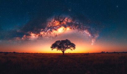 A tree stands in a field of grass under a starry sky. The sky is filled with stars, and the tree is the only object in the scene
