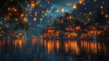 Poster -   A serene lake glistening with countless lanterns suspended above a dense forest of towering trees and structures