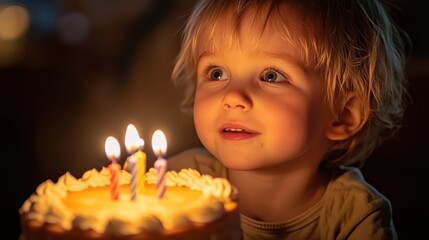 Wall Mural - A child gazes at a birthday cake with candles, celebrating a joyful moment.