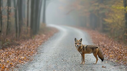 Canvas Print -   A solitary fox perched on the edge of a road amidst a dense forest during a hazy morning