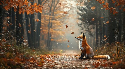 fox in forest surrounded by falling leaves