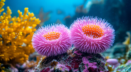 Two pink and orange sea anemones are on a rock in a coral reef. The bright colors of the anemones contrast with the blue and green of the ocean