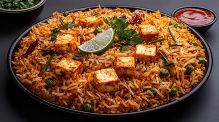 Wall Mural - A beautifully arranged paneer biryani platter with saffron rice, paneer cubes, and spices