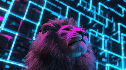 Canvas Print - A majestic lion gazes upward against a vibrant, neon-lit background.