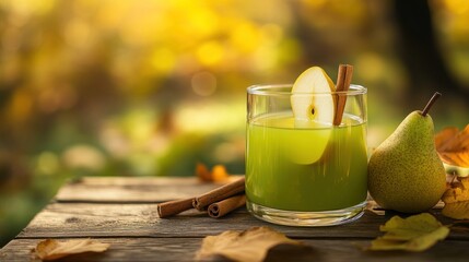 Canvas Print - A refreshing green drink garnished with apple slices and cinnamon sticks, set in a natural backdrop.