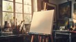 © Galina - Artistic equipment in a artist studio: empty artist canvas on wooden easel and paint brushes