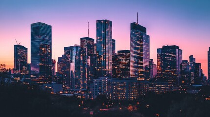 Wall Mural - A vibrant city skyline at dusk, illuminated by lights against a colorful sky.