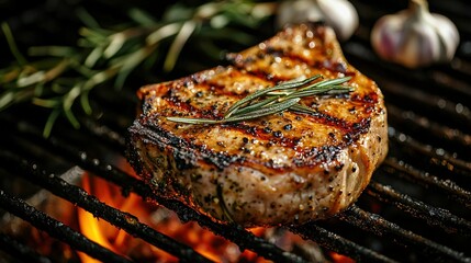 Poster -   A perfectly grilled steak adorned with fresh rosemary and roasted garlic, a mouth-watering masterpiece