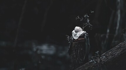 Wall Mural -   A white-stuffed animal perched atop a tree stump within a dense forest beside a fallen tree trunk