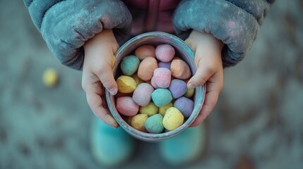 Poster - A child holds a bowl of colorful chalk pieces, ready for creative outdoor play.