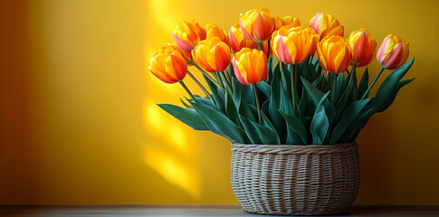 Wall Mural - A basket full of orange and pink flowers sits on a yellow wall. The flowers are arranged in a way that they are all facing the same direction, creating a sense of harmony and balance