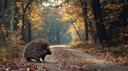 Sticker -   A hedgehog meanders on a dirt path amidst a lush forest carpeted with fallen leaves