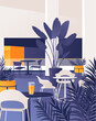© MPetrovska - Interior of a food court in a shopping center. Laconic and cozy design with modern interior elements. Minimalistic design of the recreation area with tropical plants. Vector hand drawn illustration