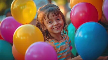 Wall Mural - A joyful child surrounded by colorful balloons, capturing a moment of happiness.