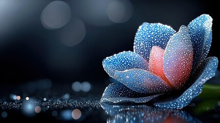 Wall Mural -   A blue flower with water droplets on a dark background, featuring a blurred light source in the distance