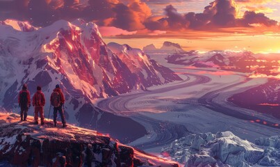 Wall Mural - Hikers overlooking an arctic iceberg and glacier panorama with mountains in the background at sunset