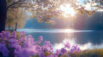 Wall Mural - Tranquil lake with blooming purple flowers and tree image