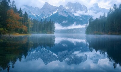 Wall Mural - Moody forest reflections at lake Eibsee during blue hour