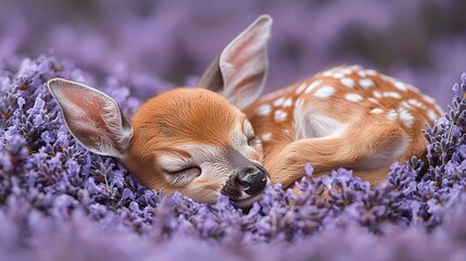 Canvas Print -  A baby deer naps amidst purple blooms, its head on its back