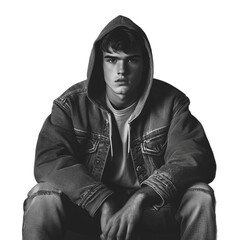 Black and white portrait of a young man in a hoodie, sitting with a reflective expression