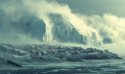 The arctic town of Ilulissat in Greenland by the ocean coast