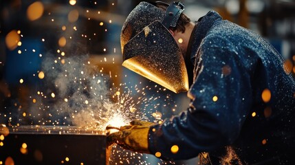 Poster - A welder working meticulously, sparks flying in a workshop environment.