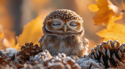 Sticker -   A small owl perches atop a mound of pine cones adjacent to a snow-covered pile