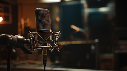 Professional Microphone in Recording Studio. AI generated illustration