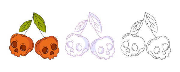 Skull shape cherry, colorful and line icons set. Traditional halloween spooky food. Vector flat icon, monochrome purple, color, outline illustration. For logo, sticker, coloring book, label, print