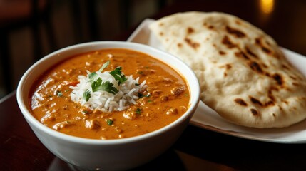 Wall Mural - A bowl of curry with rice and naan bread on a plate, showcasing a delicious meal.