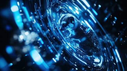 Sticker - A digital raccoon surrounded by glowing blue particles in a futuristic setting.