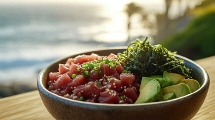 Wall Mural - A bowl of fresh tuna, avocado, and seaweed against a scenic ocean backdrop.