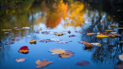 Wall Mural - A serene autumn scene with colorful leaves floating on a calm water surface.