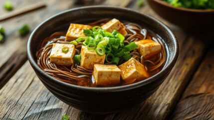 Wall Mural - A bowl of soba noodles topped with tofu and green onions in a rustic setting.