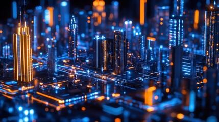 Sticker - A vibrant, futuristic cityscape illuminated with blue and orange lights, showcasing advanced architecture.