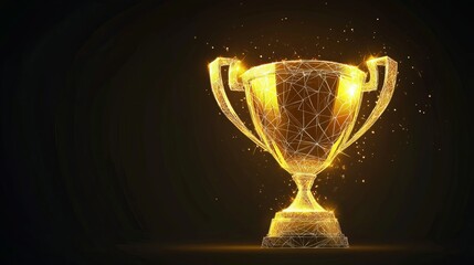 Abstract gold champion trophy illustrated in a futuristic glowing low polygonal style and isolated on a black background The vector illustration captures a championship and cup winner