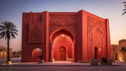 Wall Mural - As the focal point, Village cover design fort features modern art in red tones with graphics.Old walls of Diriyah old town and modern arab restaraunt illuminated at night, Riyadh, Saudi Arabia
