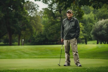 Senior golfer on lush green golf course capturing leisure and sport AI