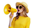 © Rawpixel.com - PNG Woman holding a megaphone fashionable background yellow.