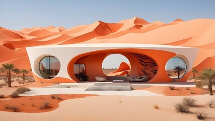 As the focal point, Village cover design fort features modern art in red tones with graphics.Old walls of Diriyah old town and modern arab restaraunt illuminated at night, Riyadh, Saudi Arabia
