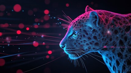 Wall Mural - A stylized, neon wireframe representation of a leopard with dynamic light effects.